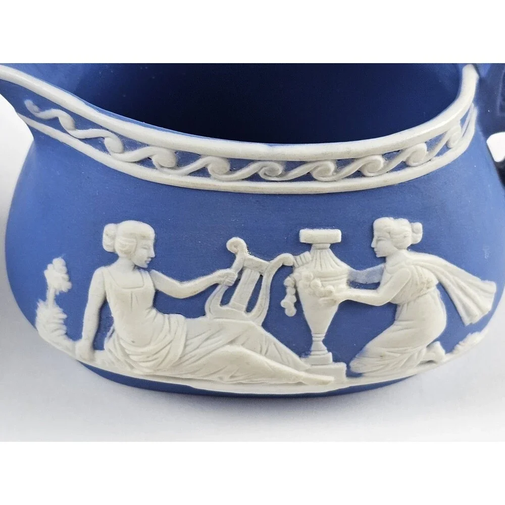 Jasperware Cream on Blue Oval Sugar Bowl w/ Lid & Oval Creamer w/ Handle Japan